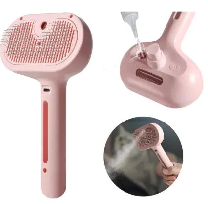 Pink handheld device with a steam function, shown from different angles on a white background.