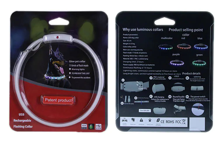 Glowing pet collar packaging with USB rechargeable feature on a black background