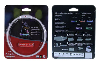 Glowing pet collar packaging with USB rechargeable feature on a black background