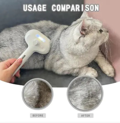 Cat being groomed with a grooming tool, showing fur before and after grooming.
