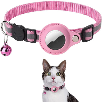 Cat wearing FindMyCat Pro reflective breakaway collar with AirTag holder for safety and tracking
