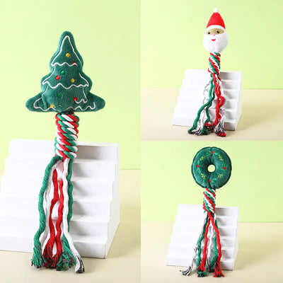 Christmas-themed cotton rope pet toys featuring Santa Claus, Christmas tree, and snowman designs for dogs and cats
